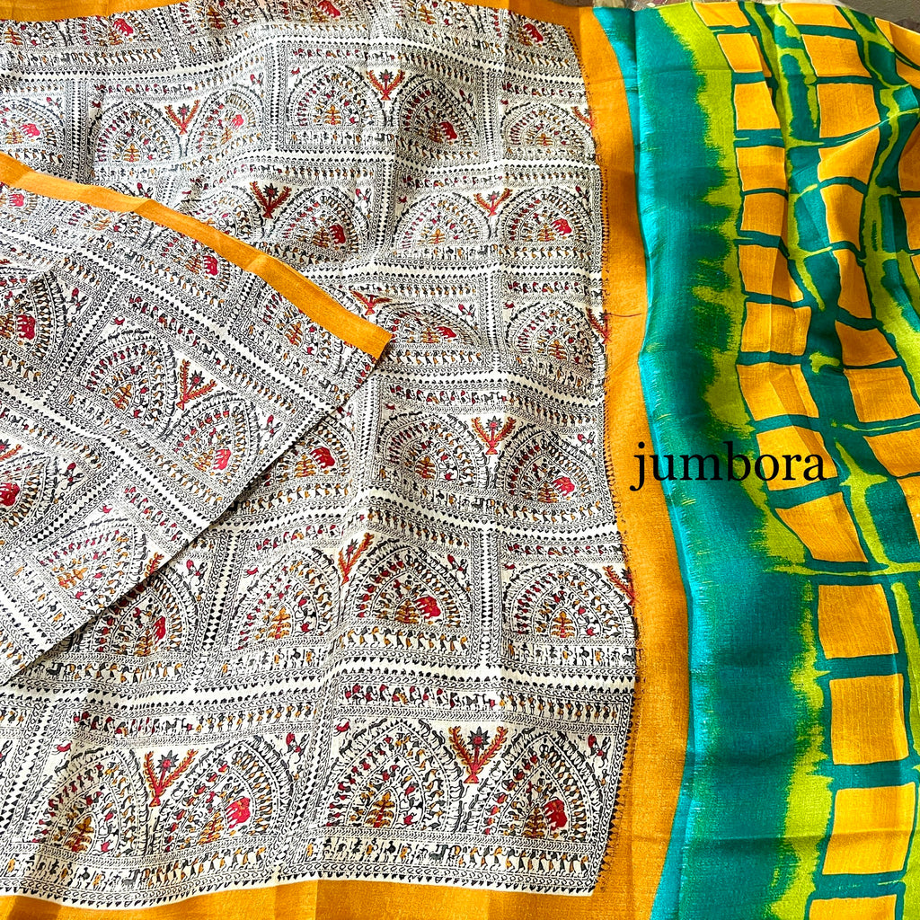 Madhubani Print Cream & Mustard Color Jute Silk Saree