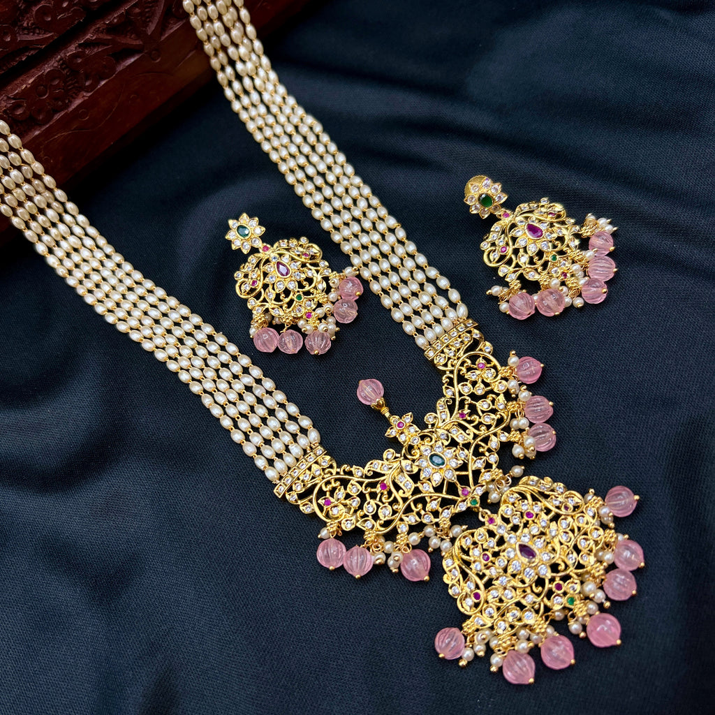 Nawabi Handmade Rice Pearl Mala AD Necklace with Pumpkin Pin Beads