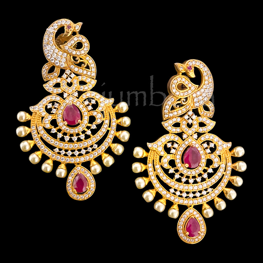 Statement Peacock Long AD (Zircon) Earring with Pearls