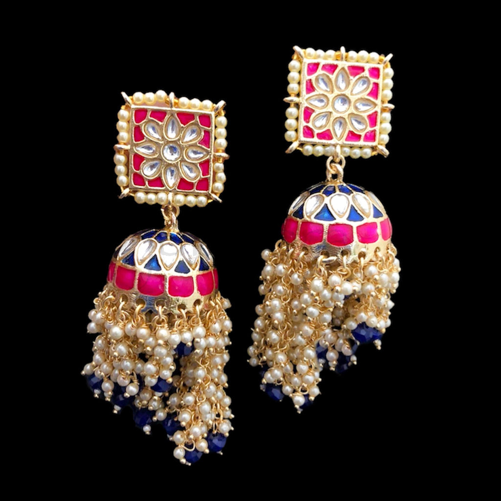 Kundan Meenakari Pink & Blue Jhumka Earring with Pearls