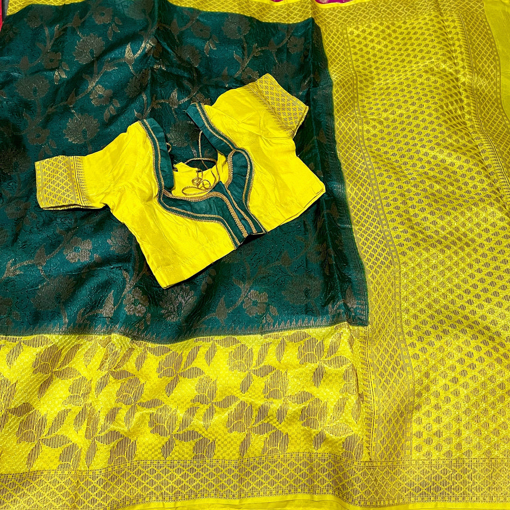 Dark Green with Yellow Banarasi Dupion Saree with stitched blouse