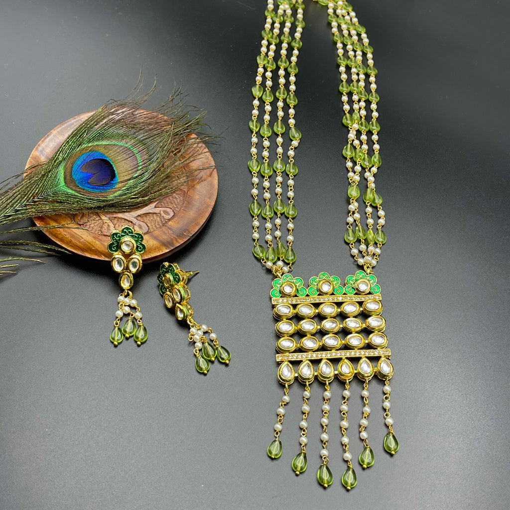 Handmade Kundan Peridot Green Glass Beads Mala