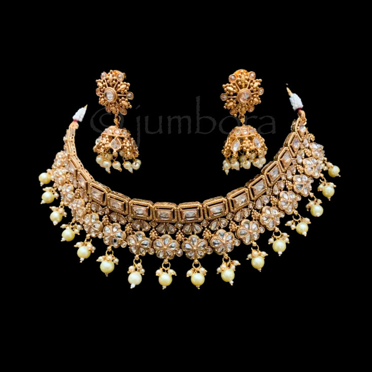 Bridal Polki LCD Champagne color Stone Choker Necklace set