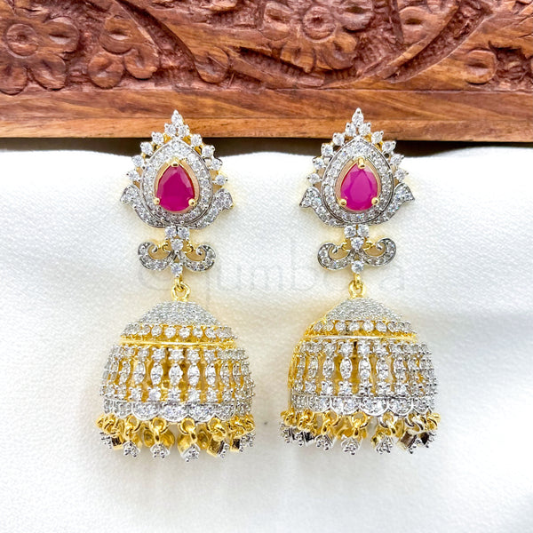 Zircon (CZ) AD Diamond Alike Jhumka with Ruby Red