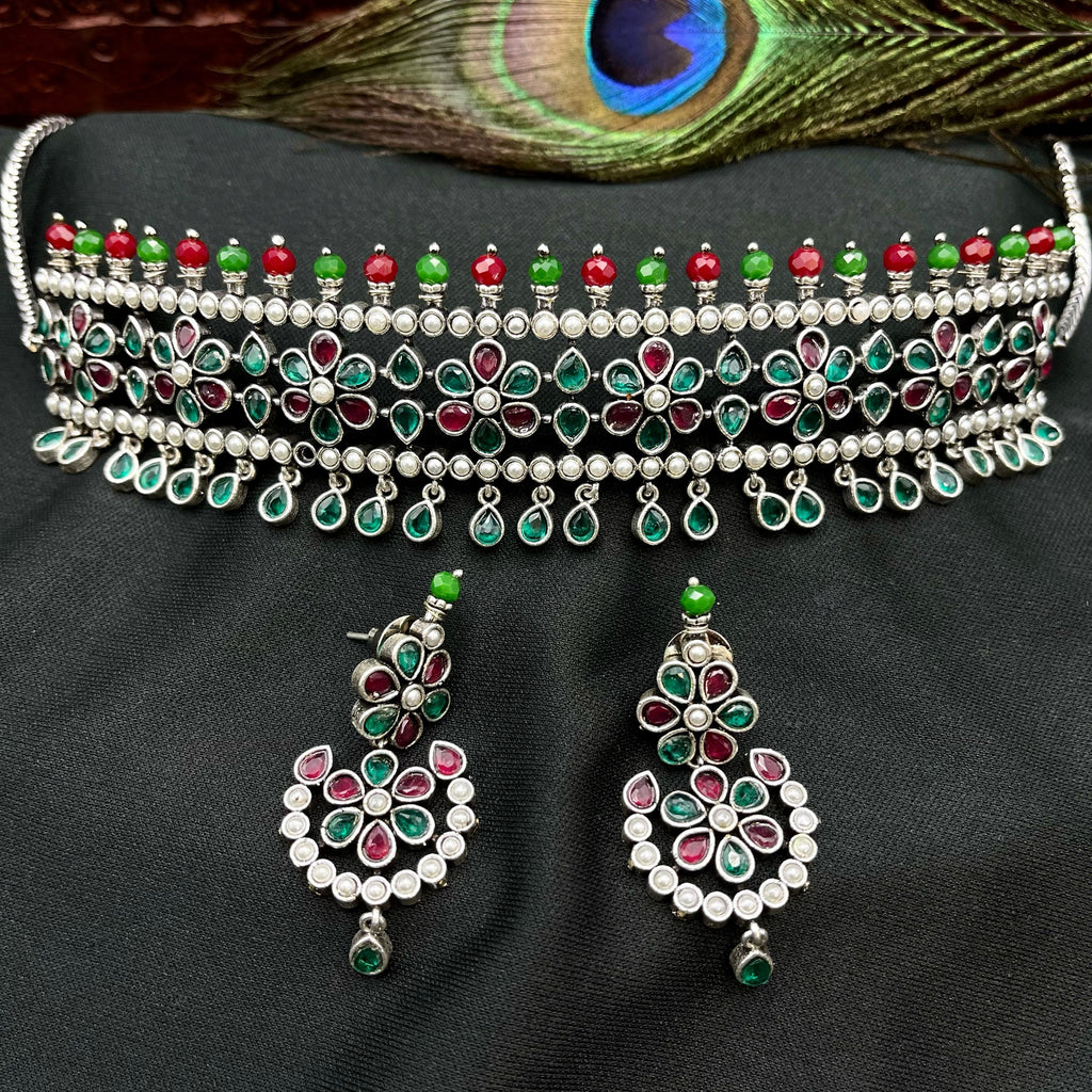 Red & Green Oxidized German Silver Choker Set