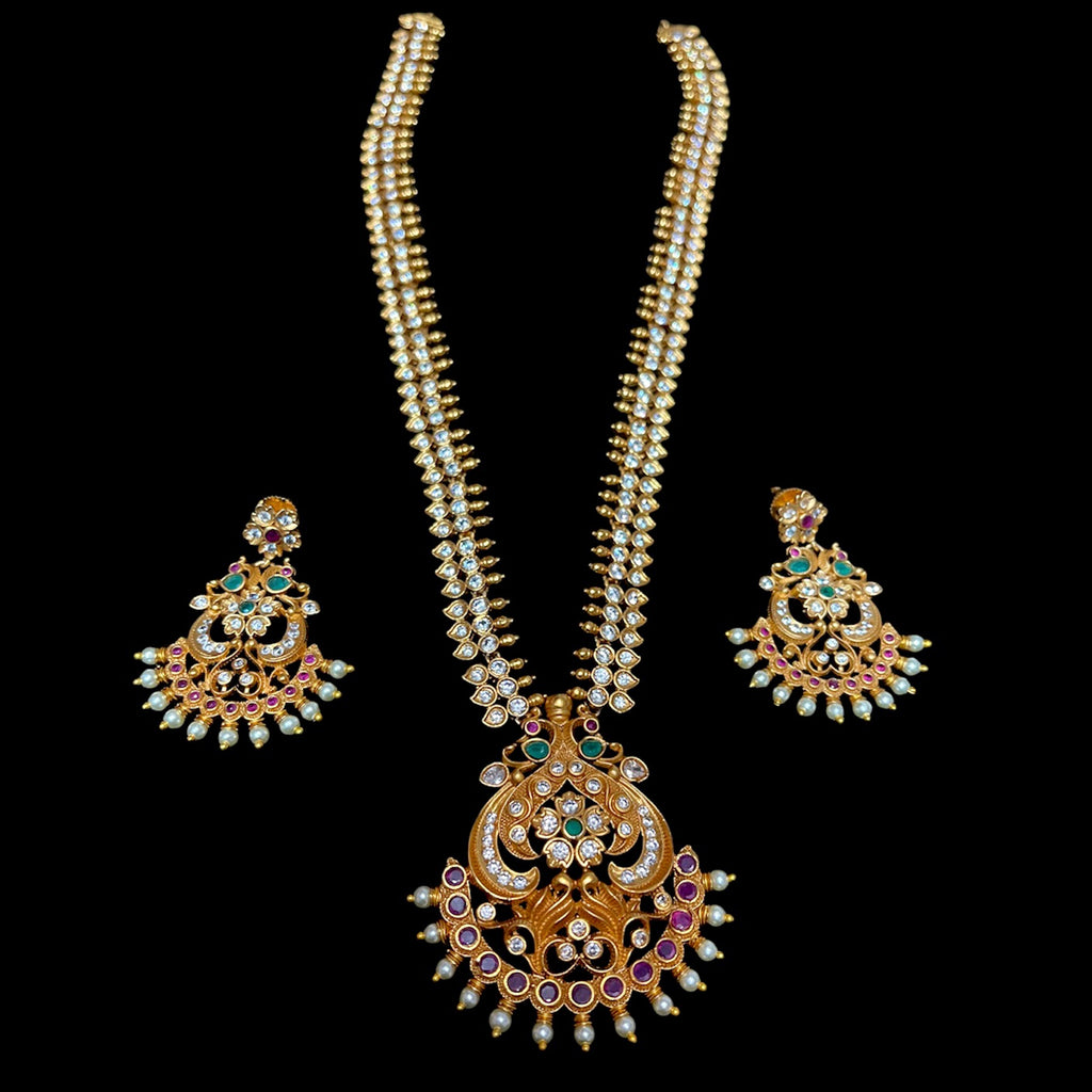 Peacock & Pearl Matte Antique Gold Long Haaram Necklace set