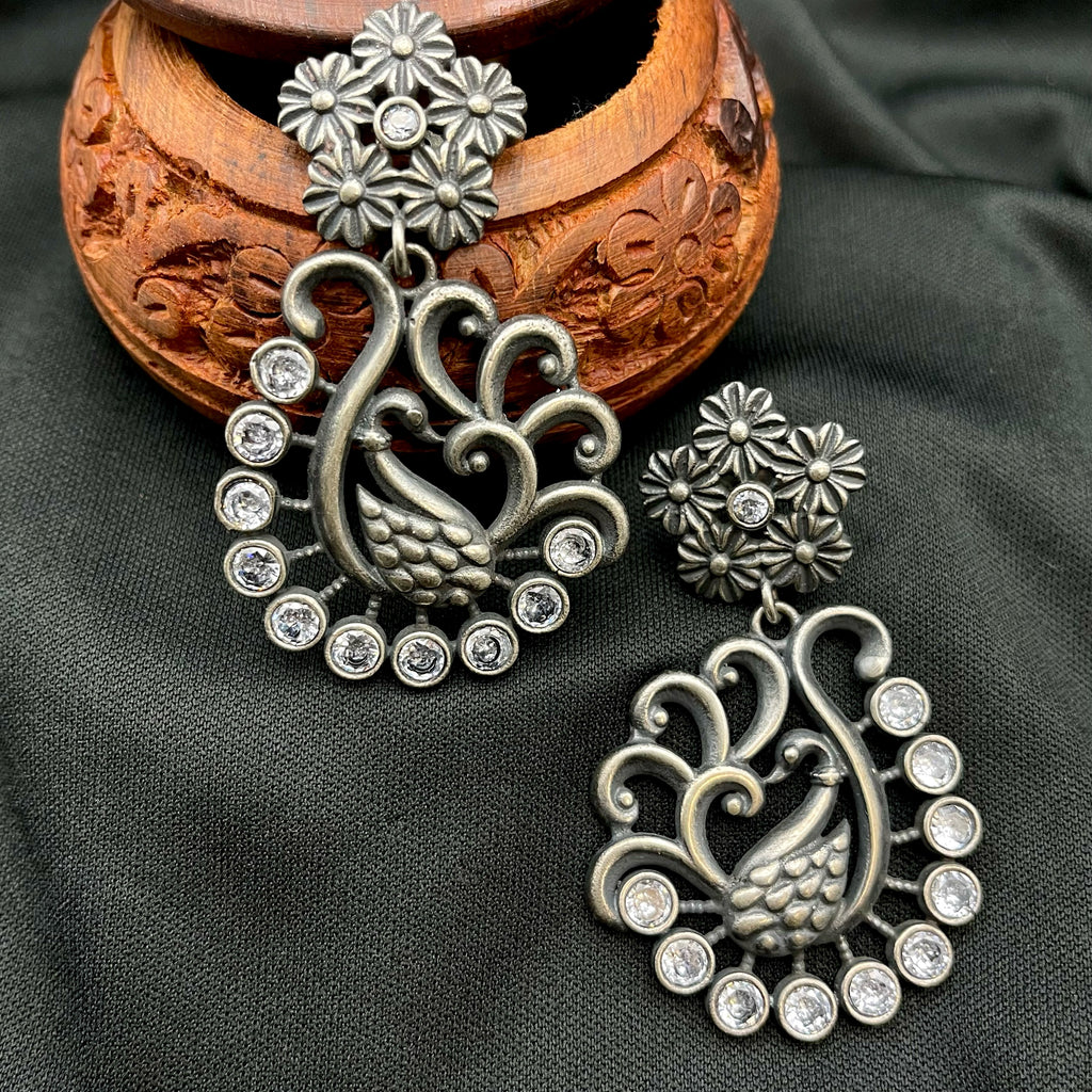 Contemporary Peacock White AD Zircon (CZ) Oxidized German Silver Earring