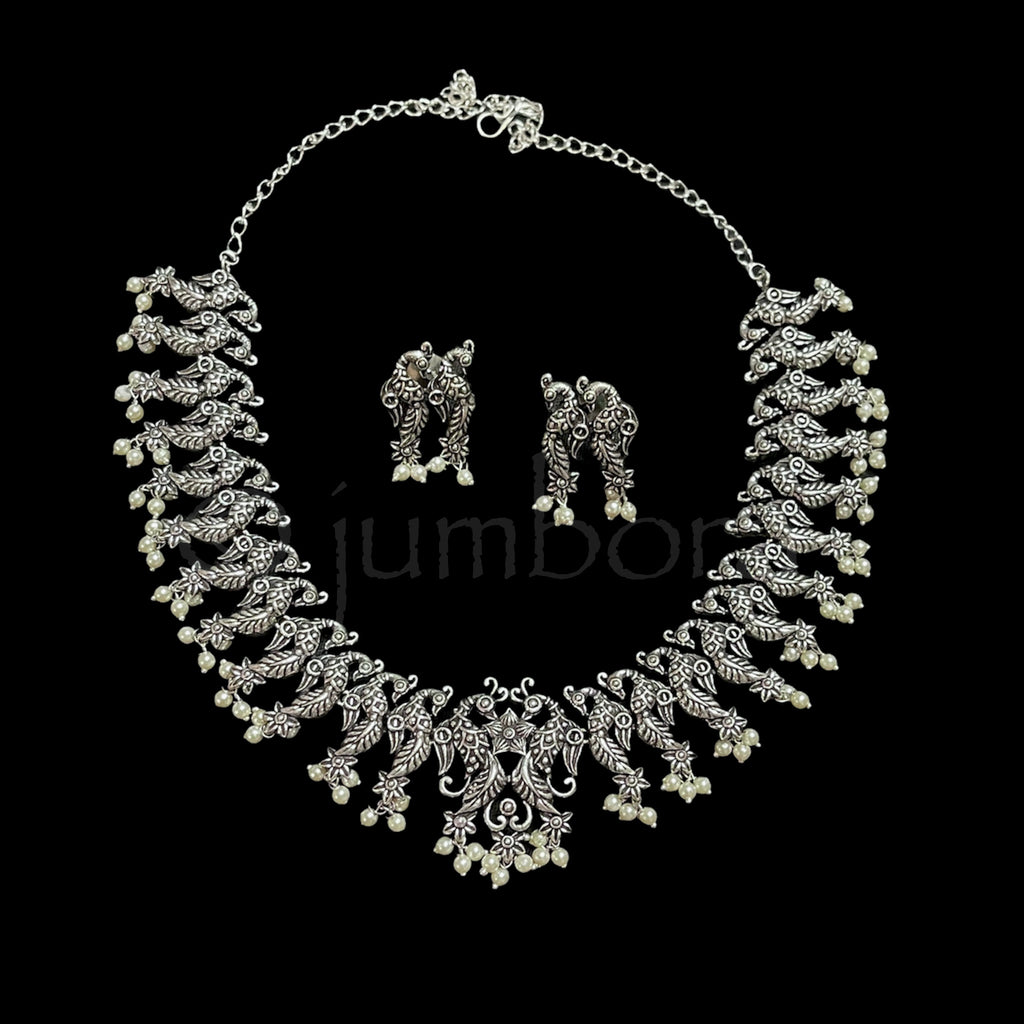 Oxidized German Silver Peacock Necklace with Pearls