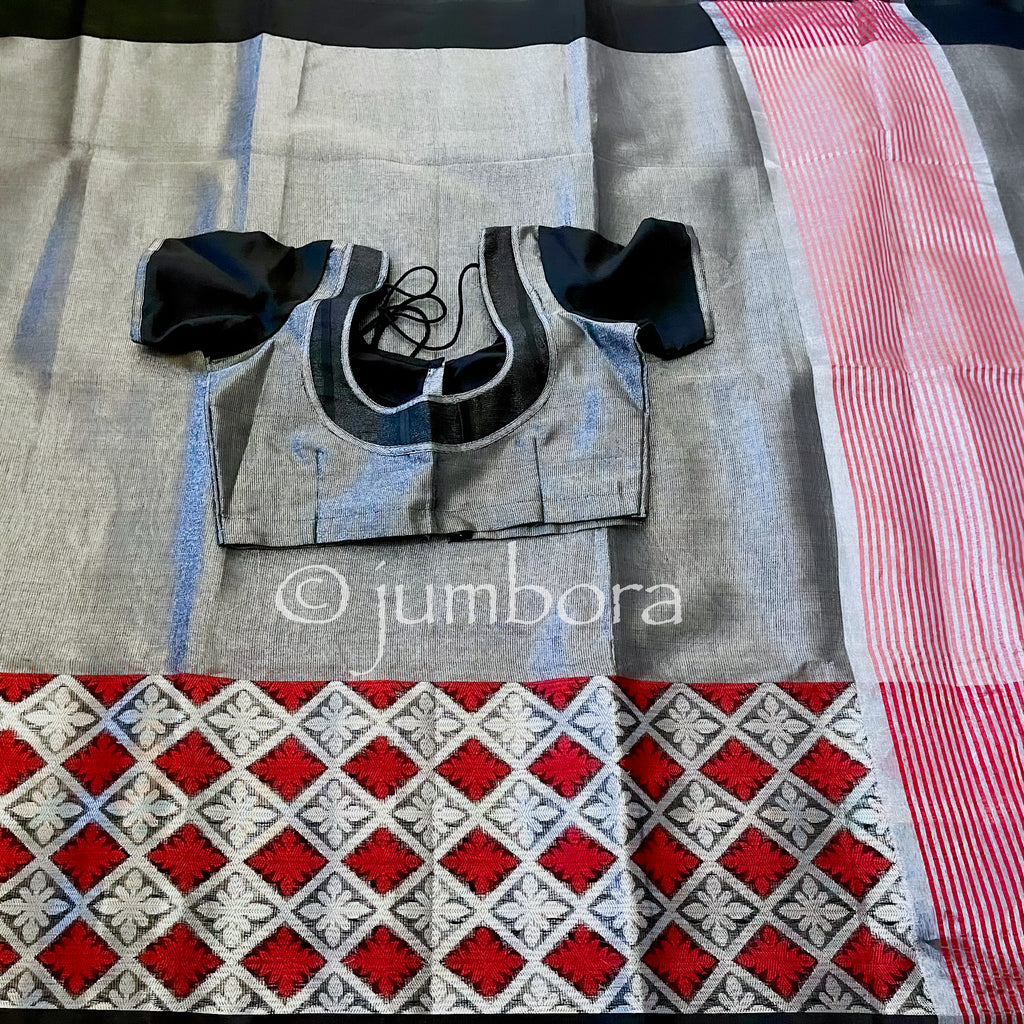 Silver Black and Red Tissue Linen Saree with Blouse