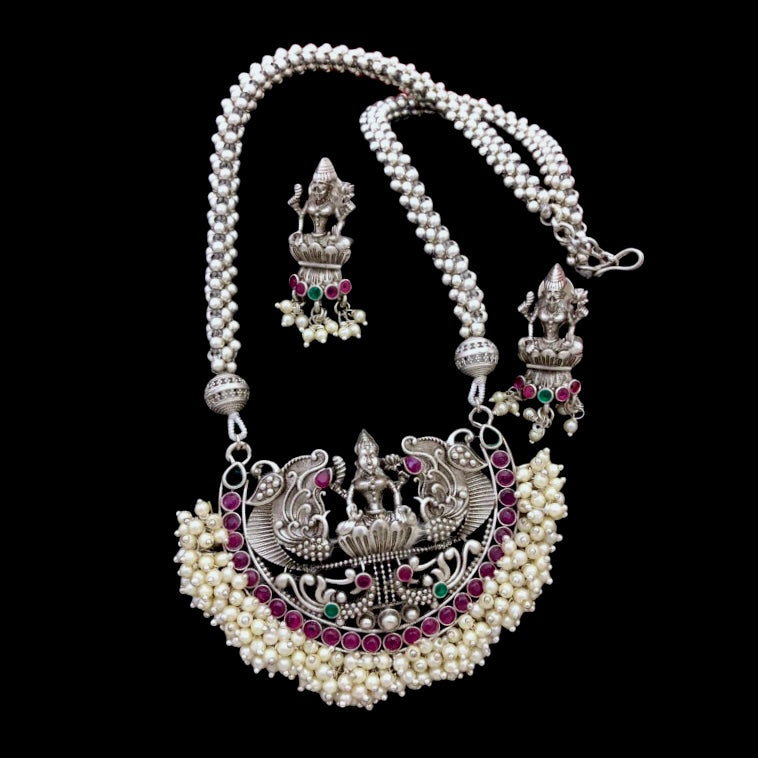 Oxidized German Silver Lakshmi Tussi Mala Necklace with Pearls