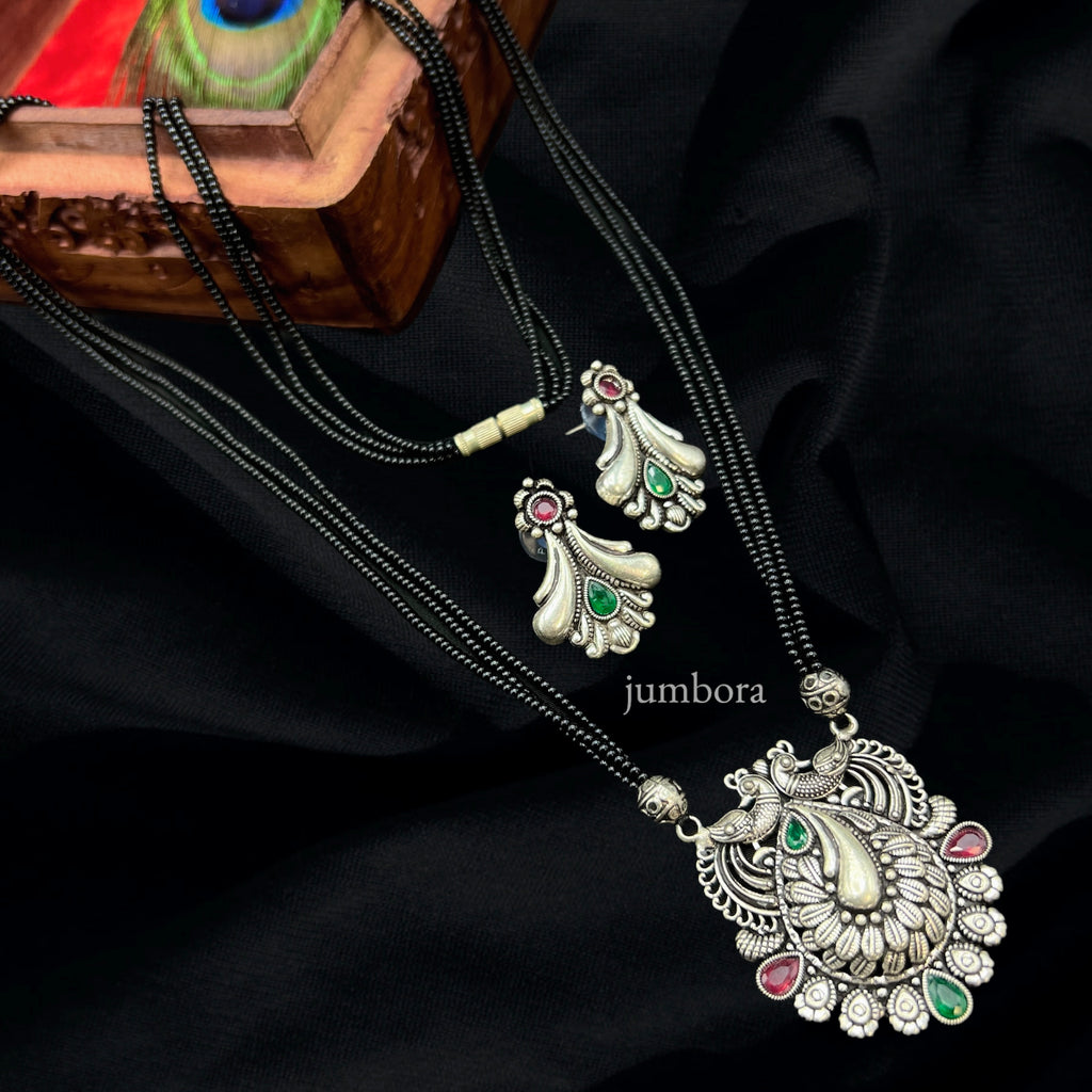 Kohlapuri Silver Long Black Beads Mangalsutra Set