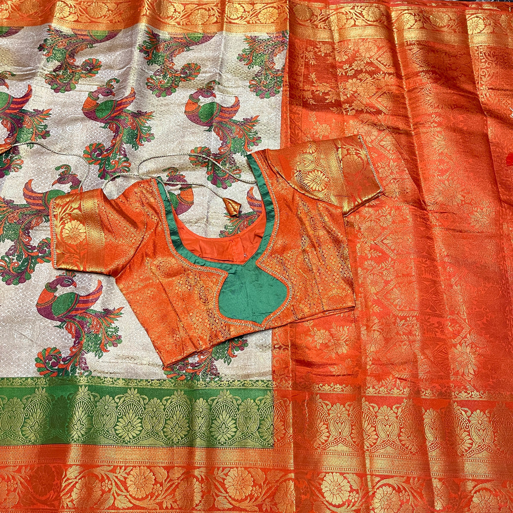 Beige Kalamkari Brocade Printed Semi Silk Saree with stitched Blouse