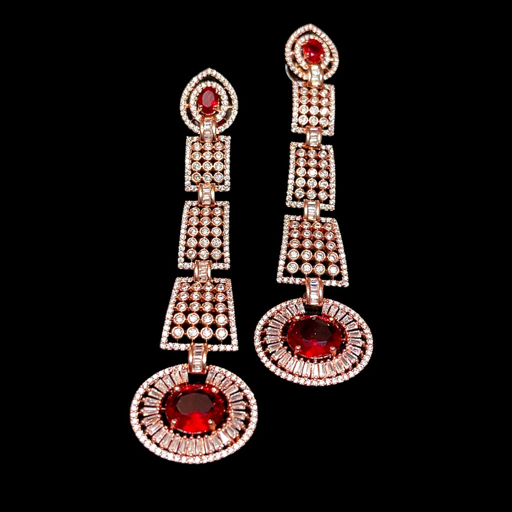 Statement Long Burgandy Red Rose-gold AD Zircon (CZ) Earring