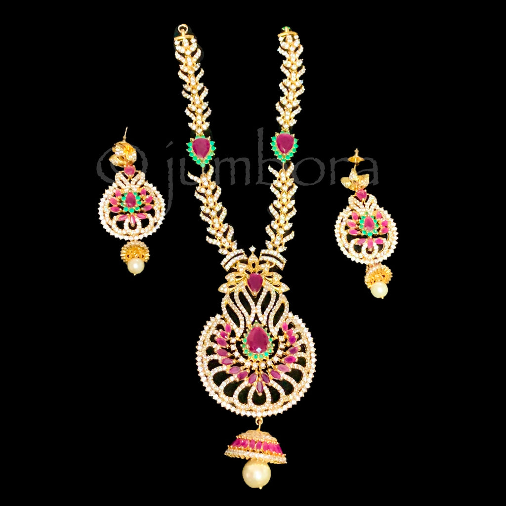 Zircon (CZ) AD Necklace set with Ruby red, Green and White stone