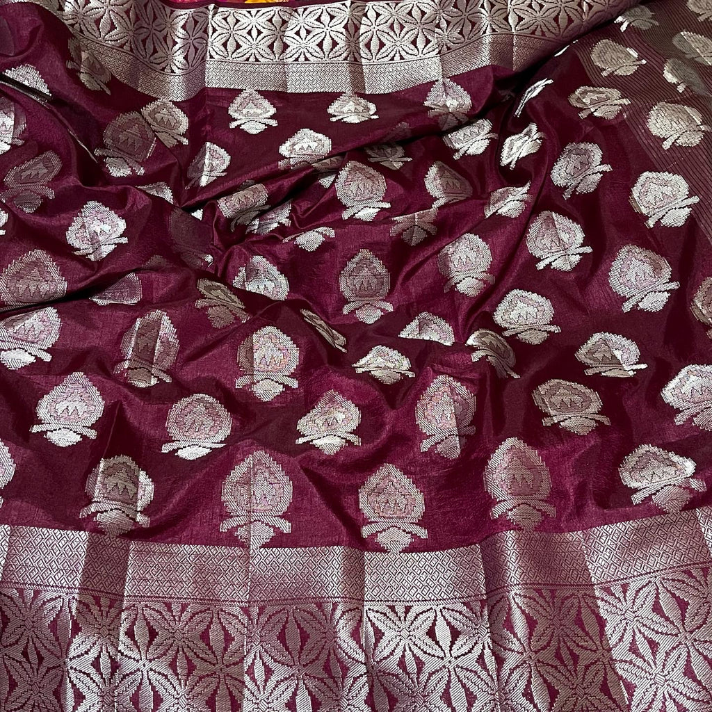 Burgandy Color Silver Zari South Tusser silk Saree with Stitched Blouse
