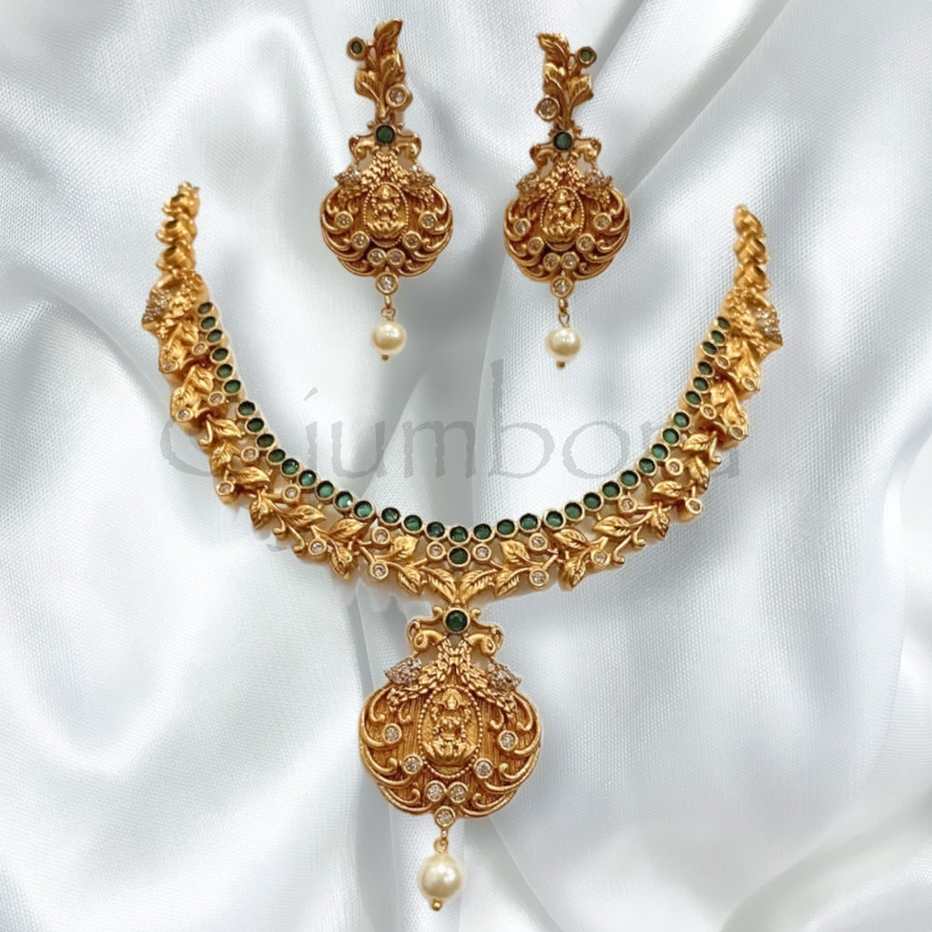 Lakshmi Matte Antique Gold Temple Necklace with Green stone