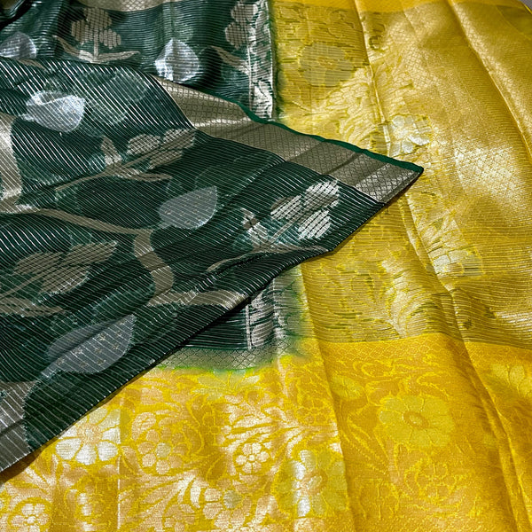 Dark Green with Yellow Designer Banarasi organza Saree with stitched blouse