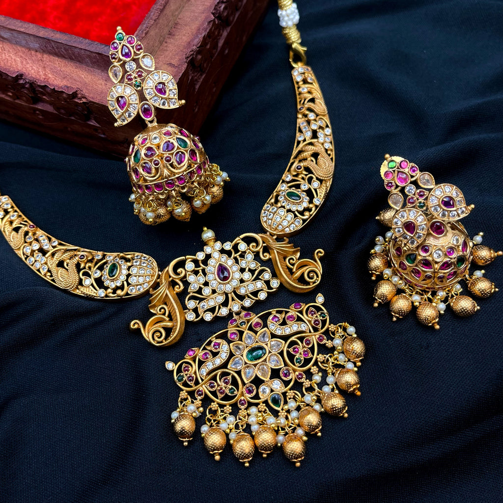 Traditional Kemp Mango Matte Gold Necklace with Jhumka