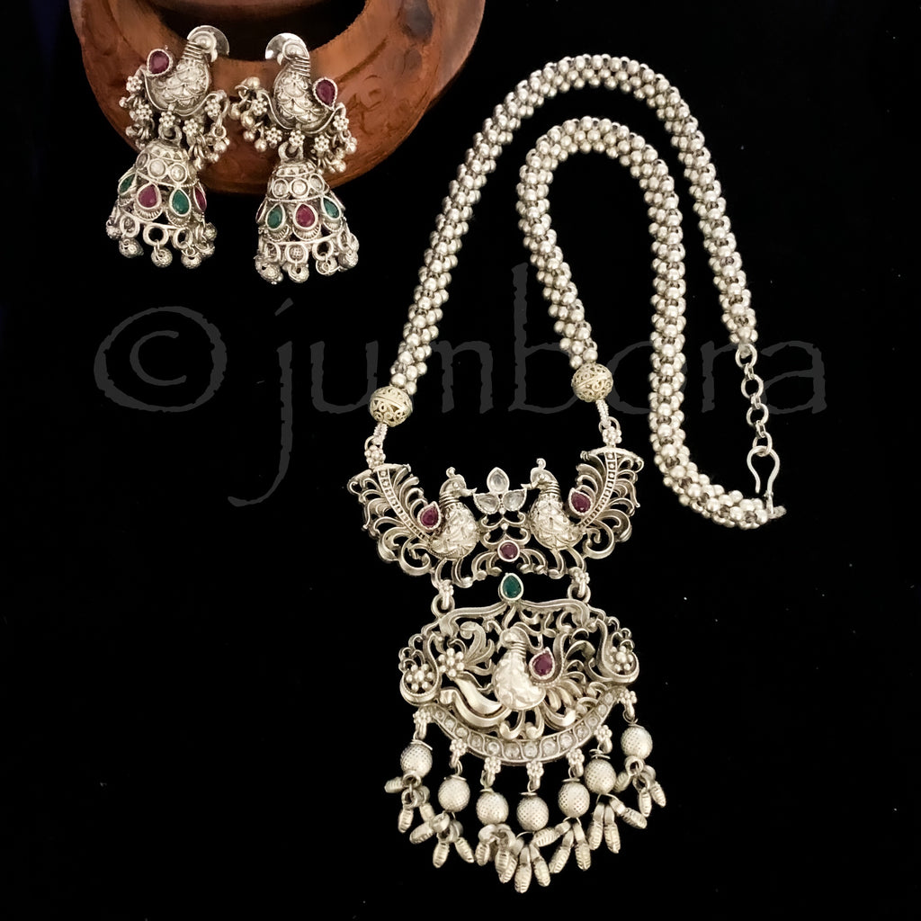 Peacock Tusshi Silver Finish Necklace with Jhumka