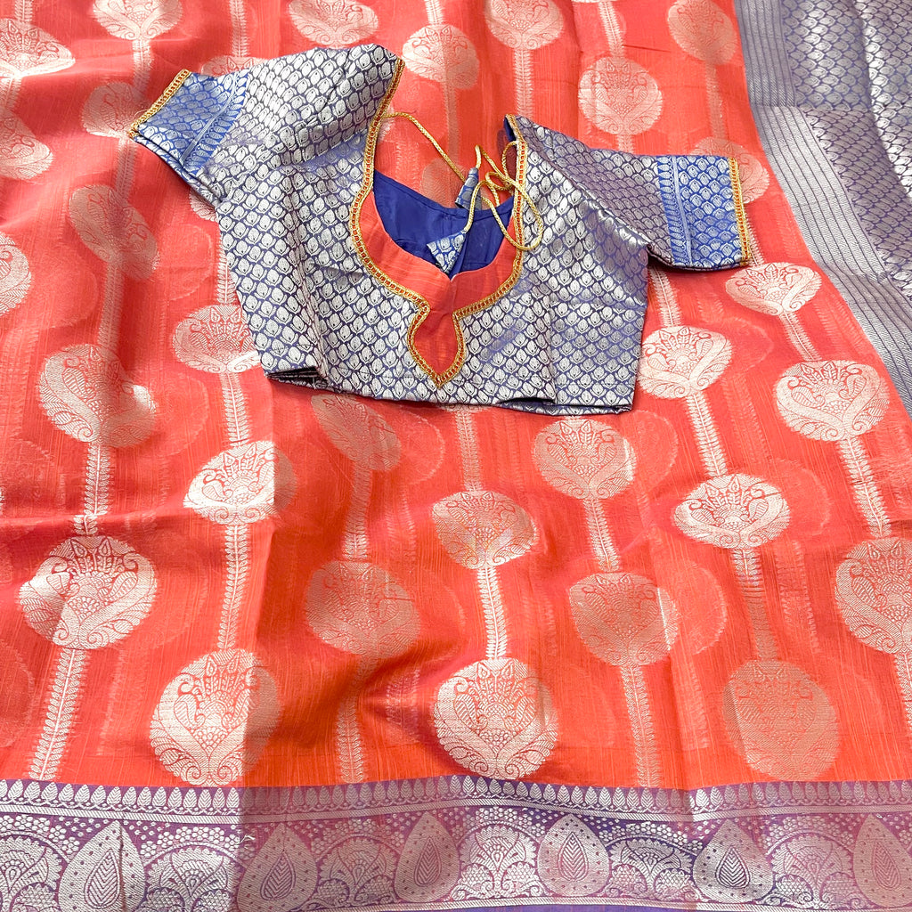 Peach Orange Color Chanderi silk Saree with stitched blouse