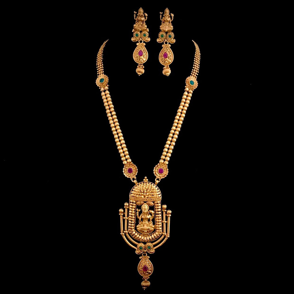 Temple Jewelry Long Antique Gold Lakshmi Necklace Set