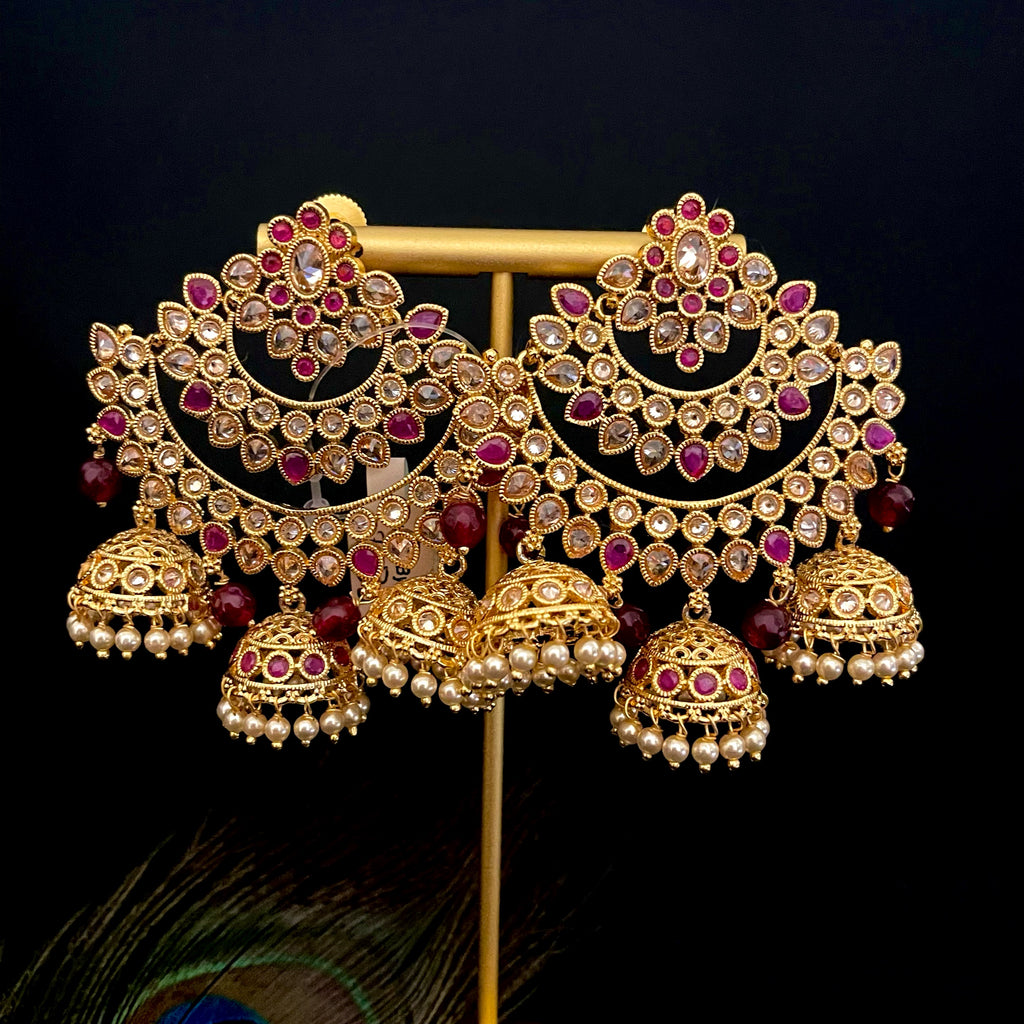 Polki LCD Champagne Stone Triple Jhumka Chaandbali Earring