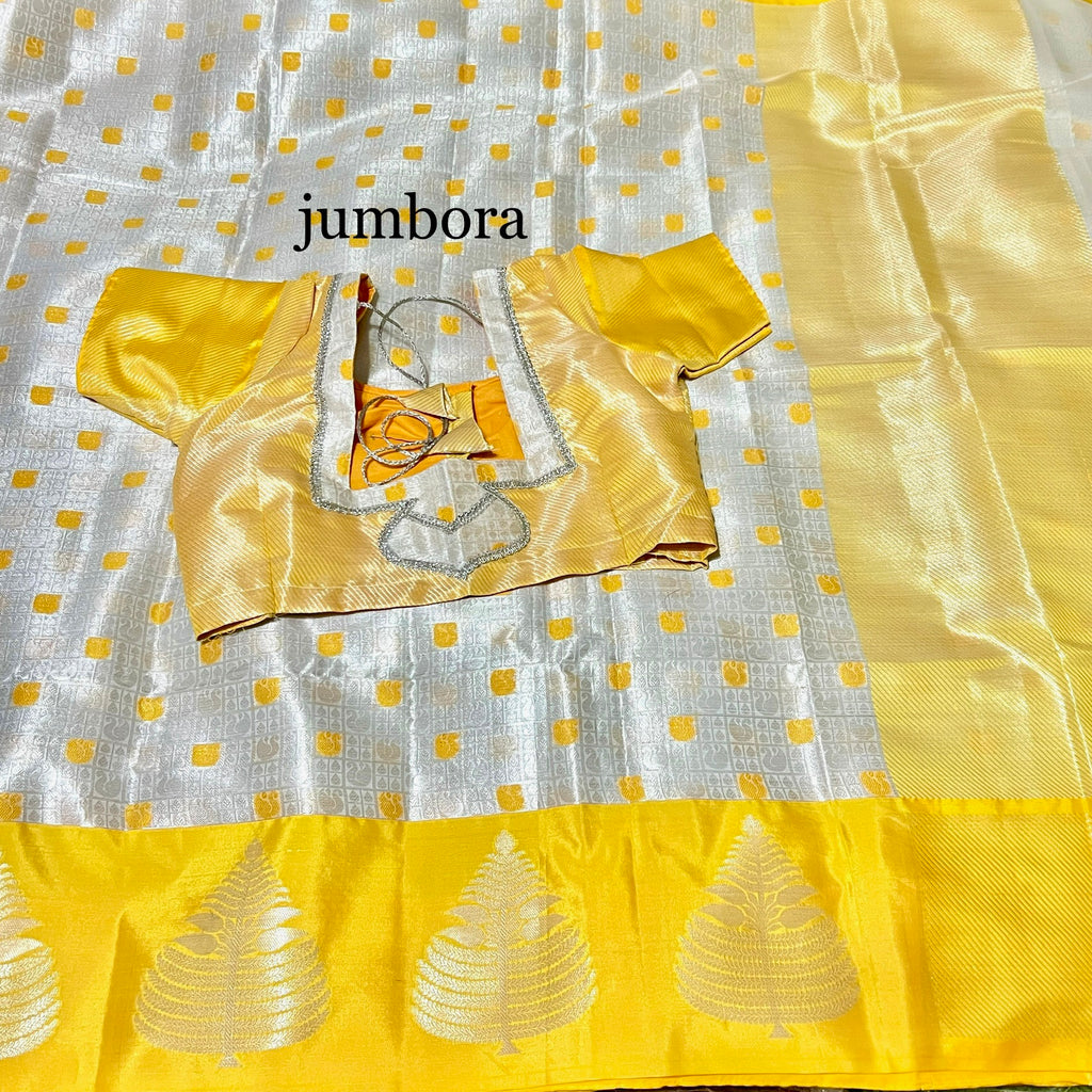 Silver White and Yellow Tissue Silk Saree with Blouse
