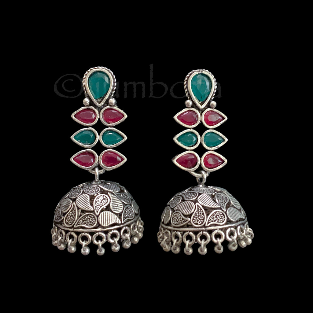 Oxidized German Silver Jhumka with Ruby red and Green