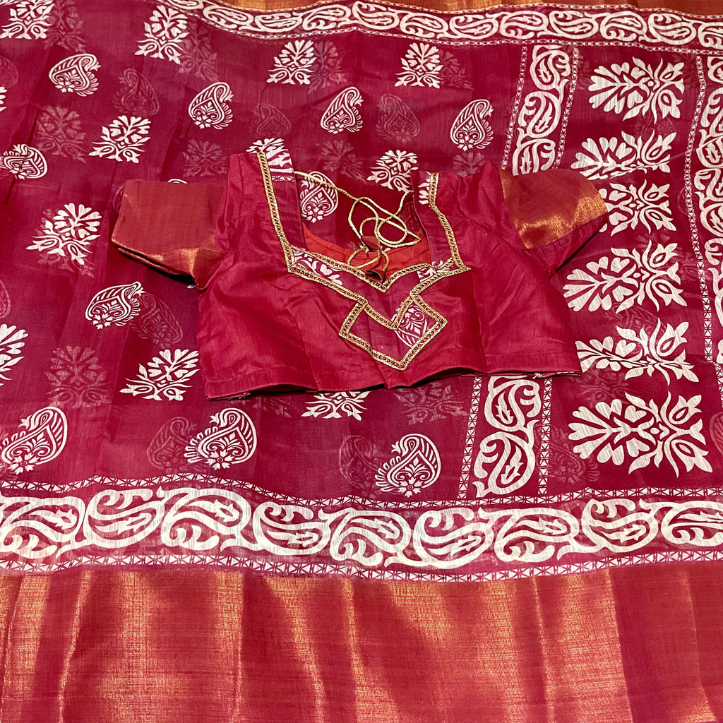 Burgandy Red Batik Print Soft Jute Cotton Saree with Stitched Blouse