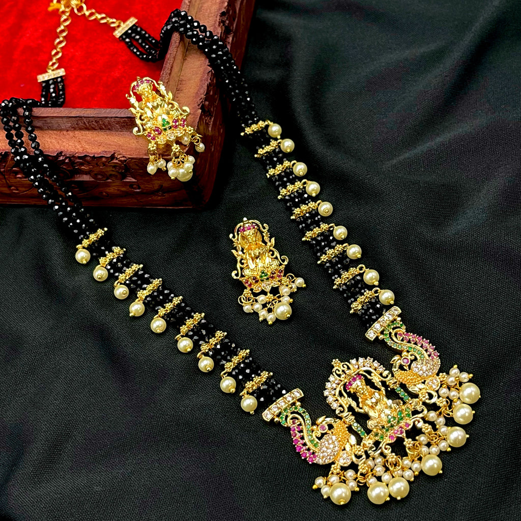 Handmade Lakshmi AD Necklace Set in Black Beads