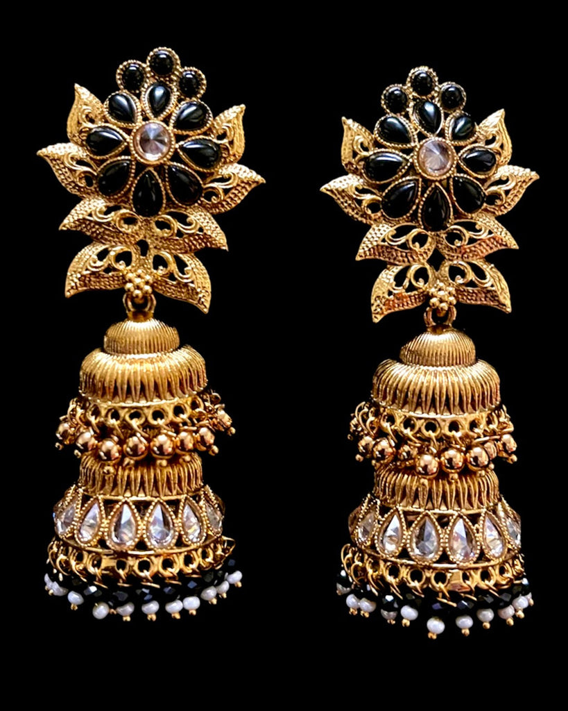Antique Gold Black Polki Double Row Jhumka Earring