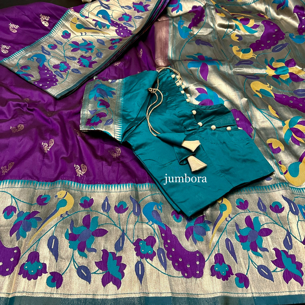 Purple Semi Katan Paithani silk saree with stitched blouse