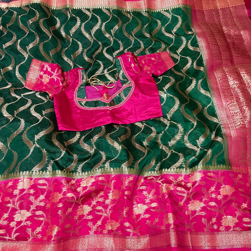 Bottle Green & Pink Designer Dupion Silk saree with blouse