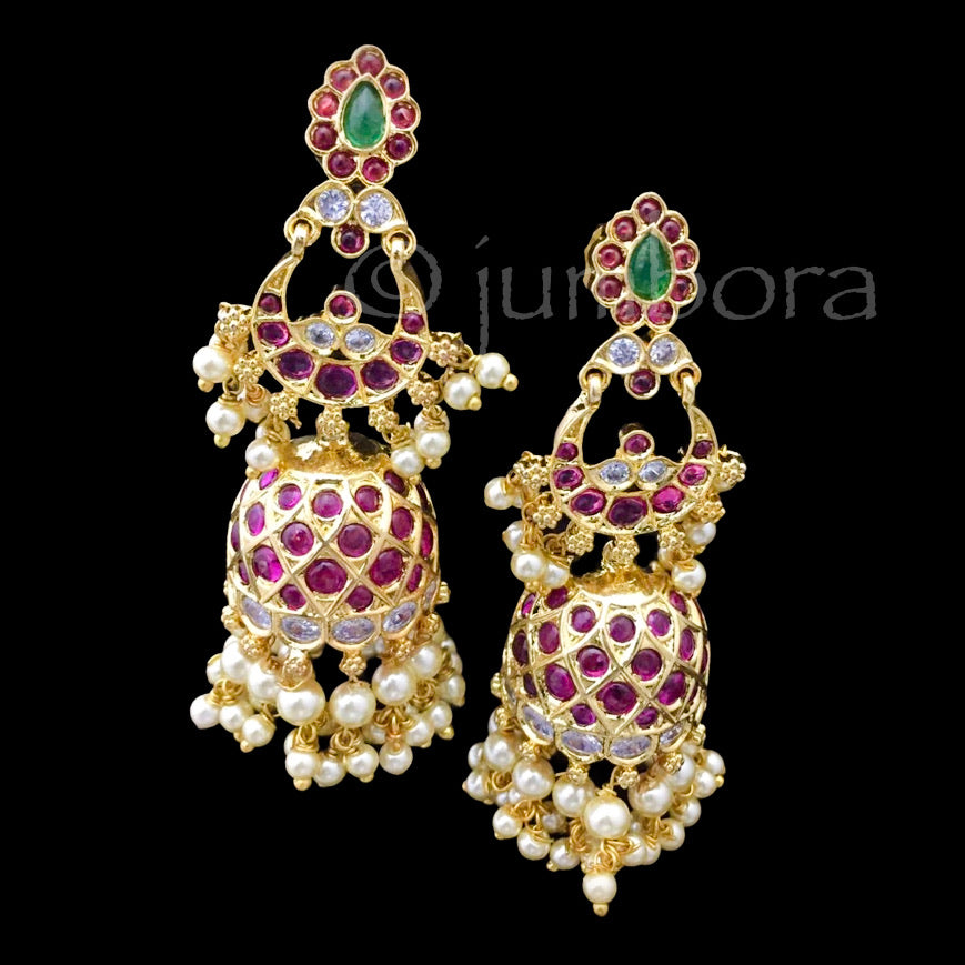 Traditional Gold Alike Red and Green Kempu Jhumka with Pearls