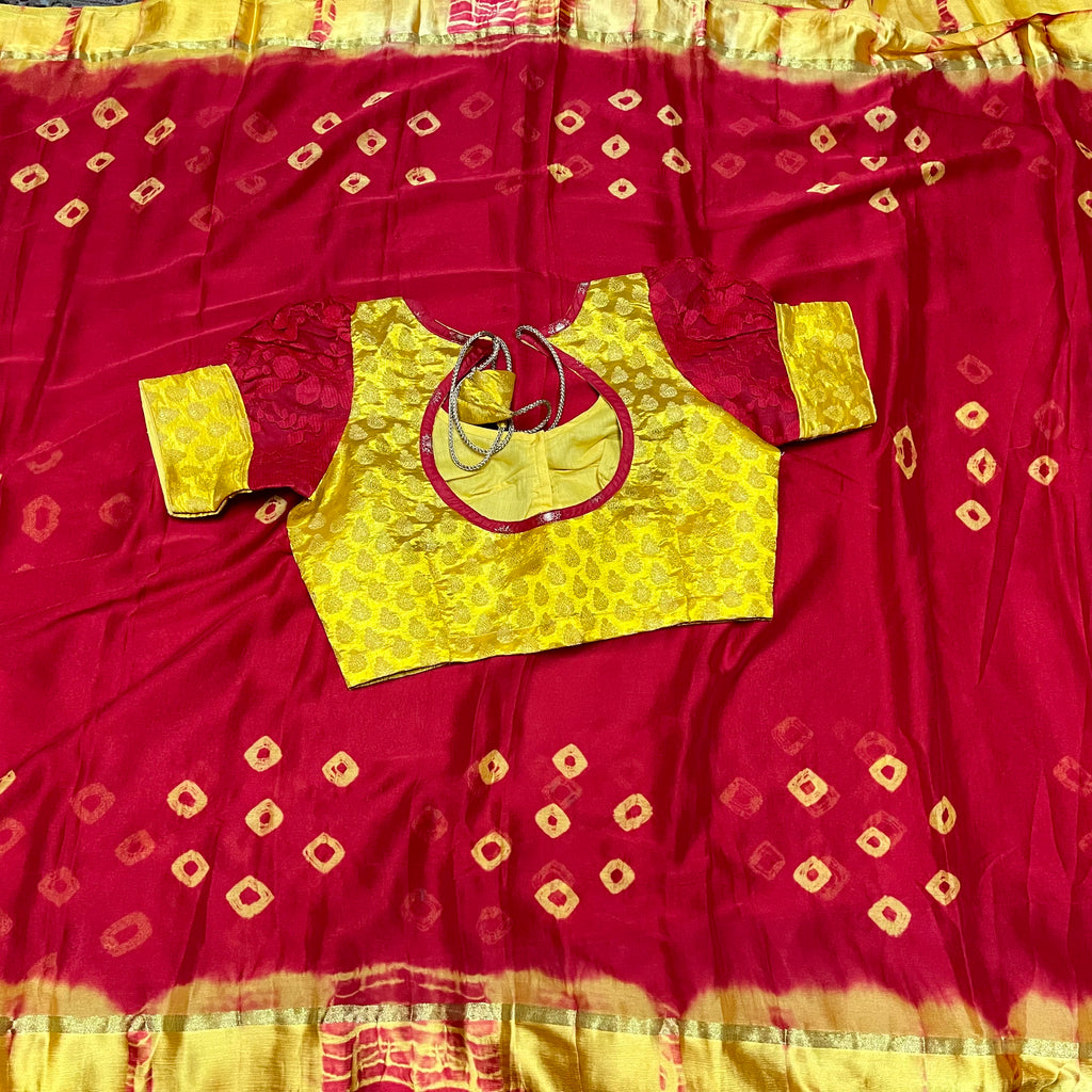 Red & Yellow Bandini Tie-Dye chiffon saree with stitched blouse