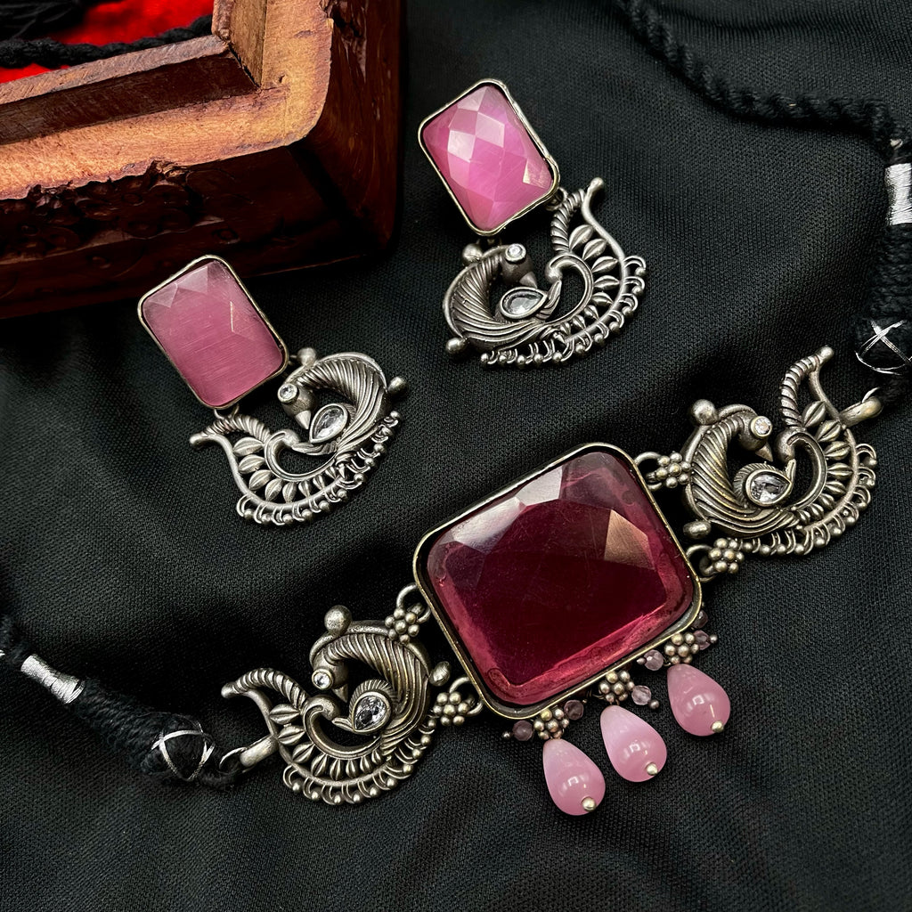Burgandy Pink Oxidized German Silver Choker Necklace Set