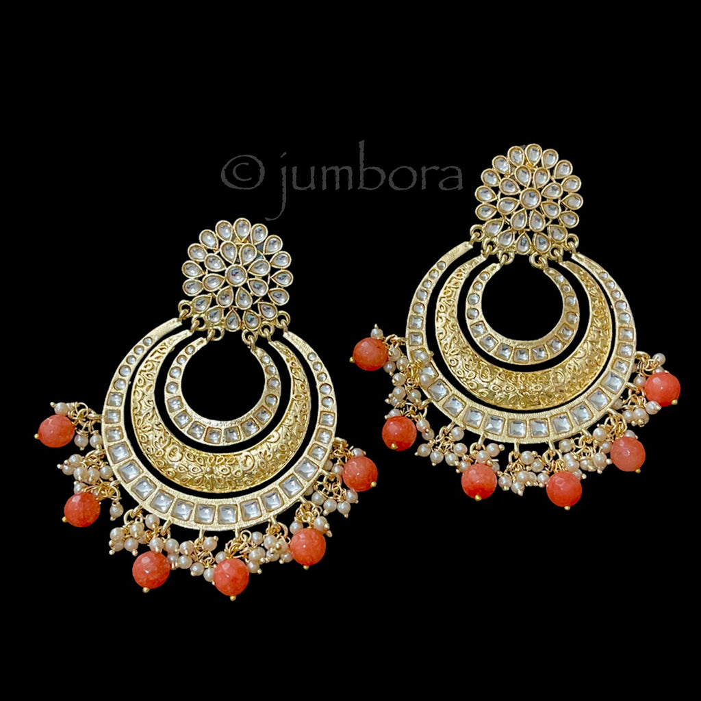 Kundan Chaandbali Earring with Orange agate beads