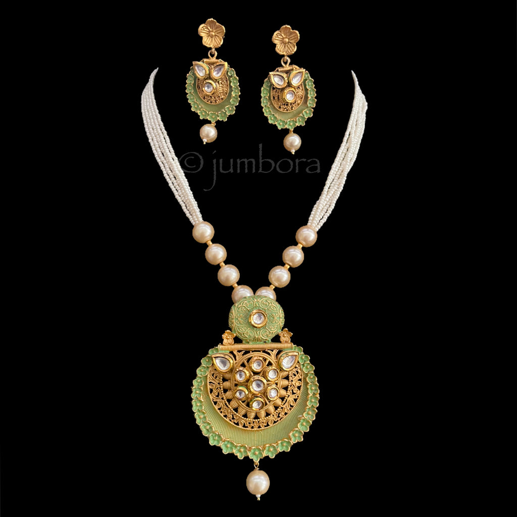 Hand-painted Mint Green Kundan Pearl Necklace