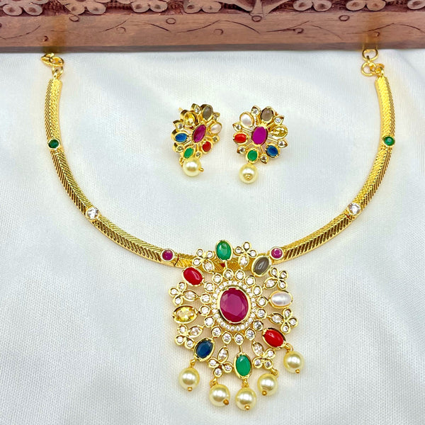 Navarathna Gold Finish Pendant and Earrings Necklace set