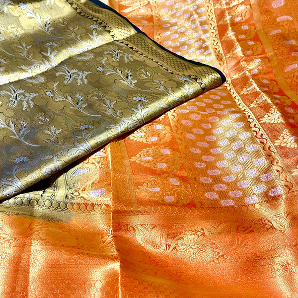 Black & Orange Banarasi Tissue Silk Saree with Stitched Blouse