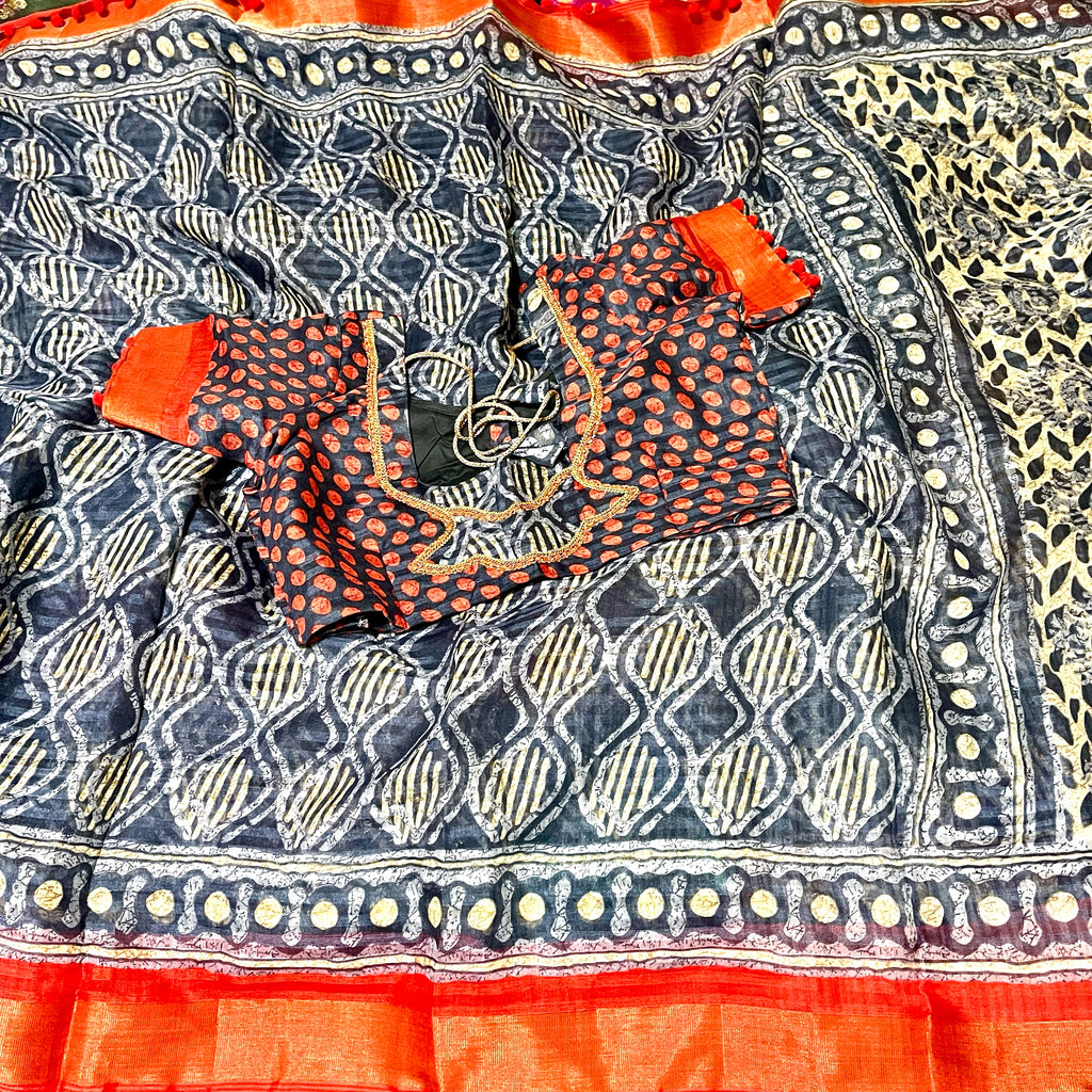 Rajasthani Bagru Print Soft Mulmul Linen Cotton Saree with Stitched Blouse