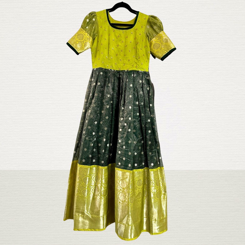 Designer Bottle Green Banarasi Organza Long Gown Dress