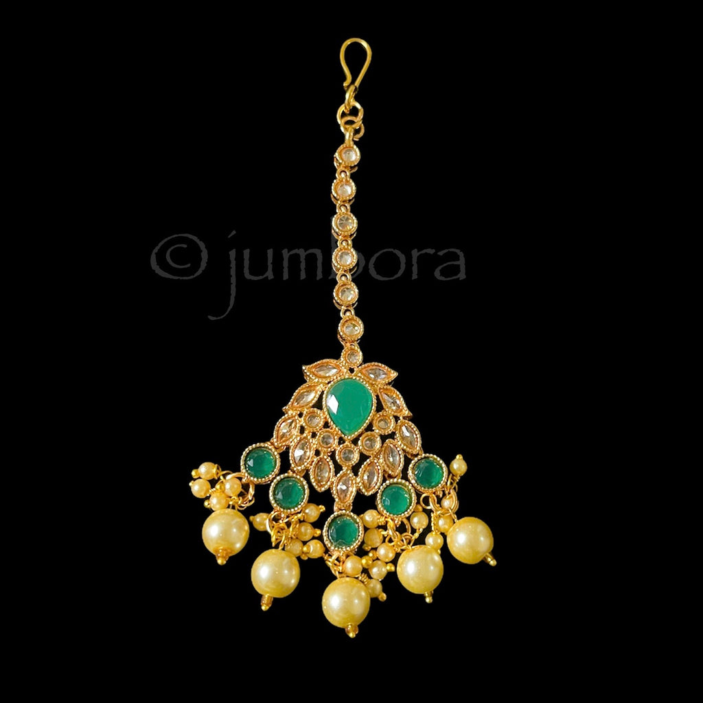 Green and Champagne LCD stone Maang Tikka with Pearls