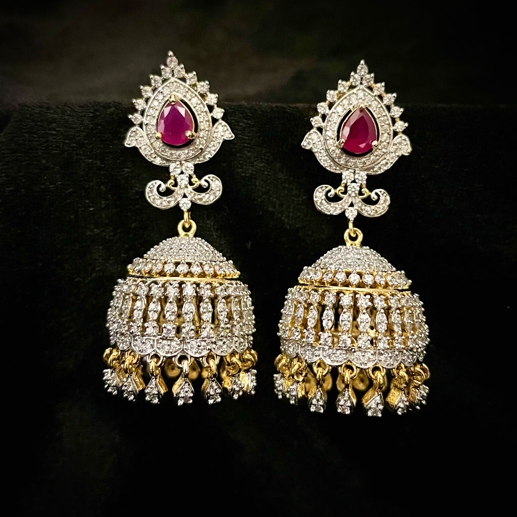 Zircon (CZ) AD Diamond Alike Jhumka with Ruby Red