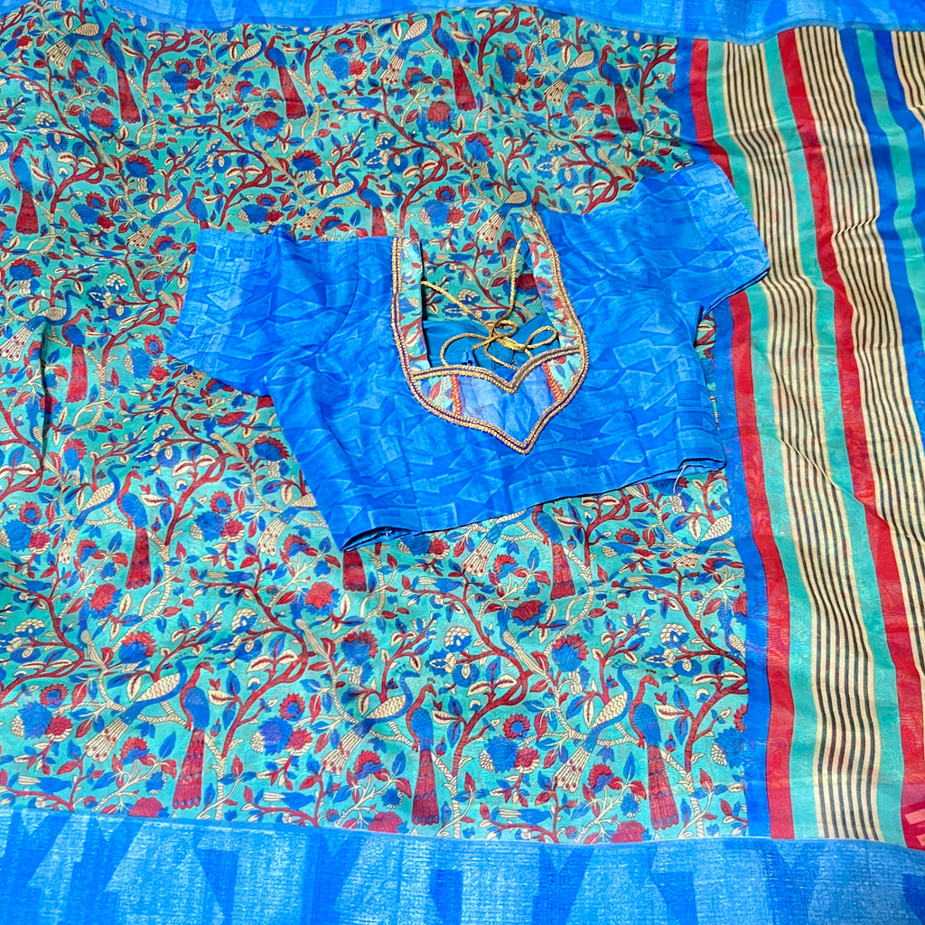 Turquoise Blue Kalamkari Georgette Saree with stitched Blouse